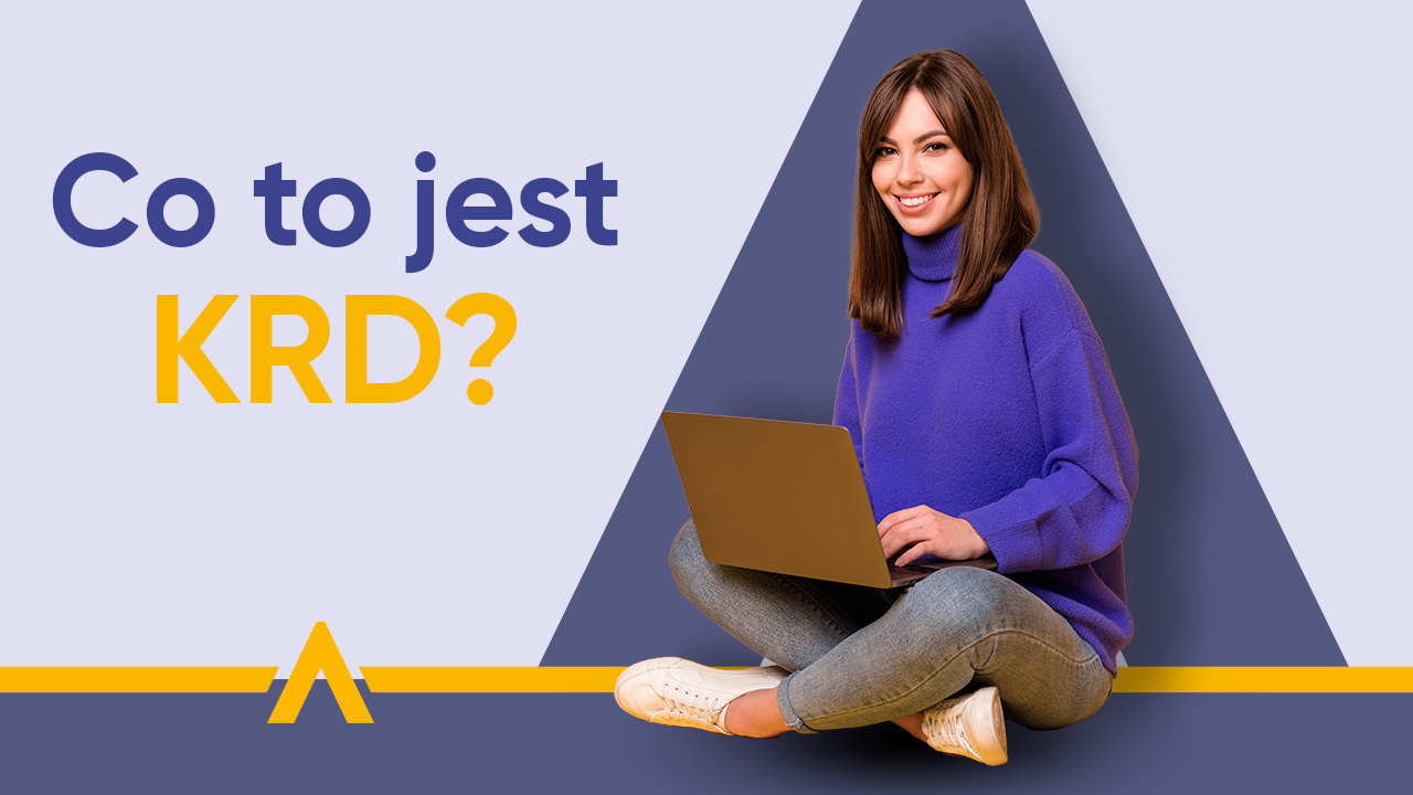 Uśmiechnięta kobieta z laptopem siedząca obok napisu "Co to jest KRD?"